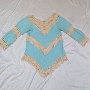 Vivid Importers Long sleeve Aqua Crochet Boho Festival Gauzy Top Large READ